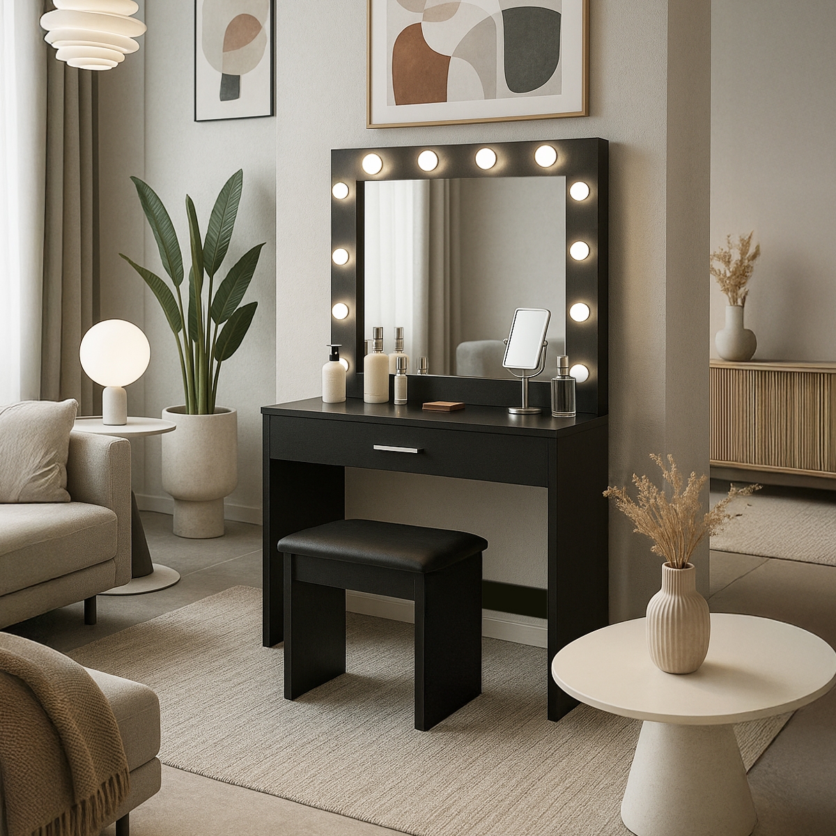 Gaia Black sminkebord makeup bord med skuffe spejl 12 LED lys skammel Kampagne