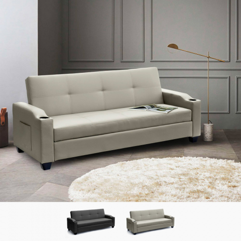 Ambra 2 personers sofa sovesofa imiteret læder opbevaring 2 kopholder Kampagne