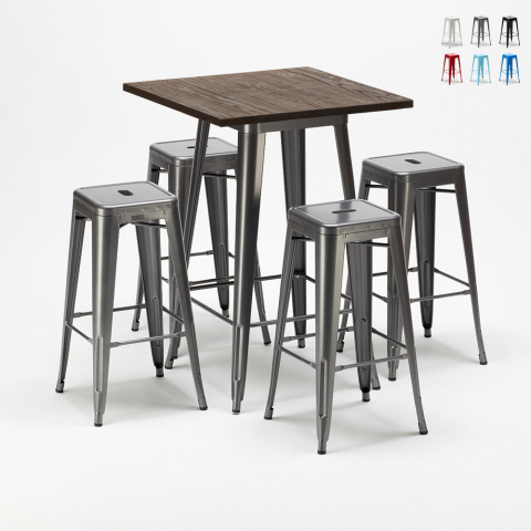 Williamsburg grå træ barbord sæt: 4 Steel up farvet barstole og 60x60cm bord