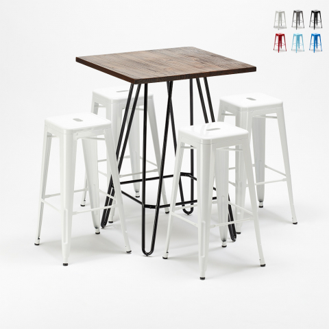 Kips Bay brun træ barbord sæt: 4 Steel up farvet barstole og 60x60cm bord