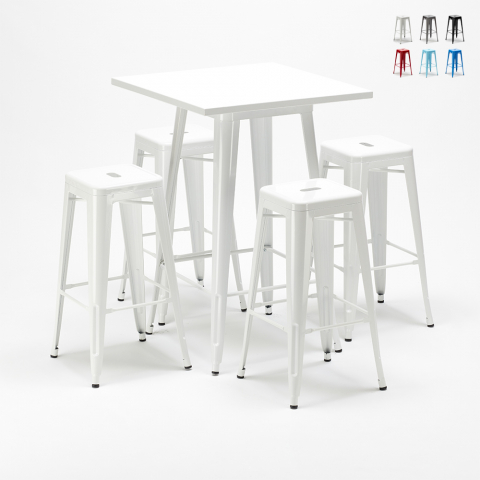 Industrielt barbord sæt med 4 farvede barstole og hvidt bord 60x60cm Union Square Kampagne