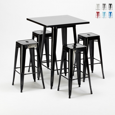 Barbord sæt i industriel stil med 4 farvede barstole og sort bord 60x60cm New York Kampagne