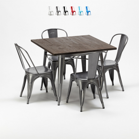 Jamaica grå træ cafebord sæt: 4 Steel One farvet stole og 80x80cm bord