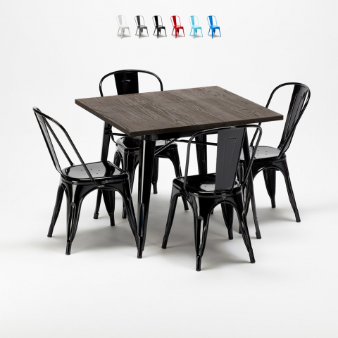 West Village sort træ cafebord sæt: 4 Steel One farvet stole og 80x80cm bord