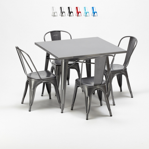 Flushing grå cafebord sæt: 4 Steel One farvet stole og 80x80cm spisebord Kampagne