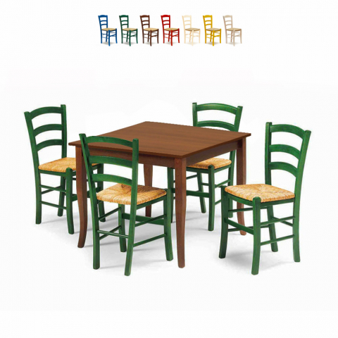 Rusty træ spisebords sæt: 4 farvet Paesana stole og 70 cm kvadratisk bord