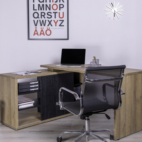 Alameda egetræ farvet lille skrivebord 150x120cm med 6 rum og skydedør