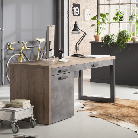 Logan grå egetræ skrivebord bordplade 170x69cm med 2 skuffer og 1 skab Kampagne