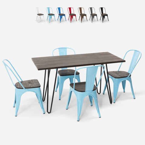 Roger industriel træ stål sæt: 120x60cm spisebord og 4 farverige stole
