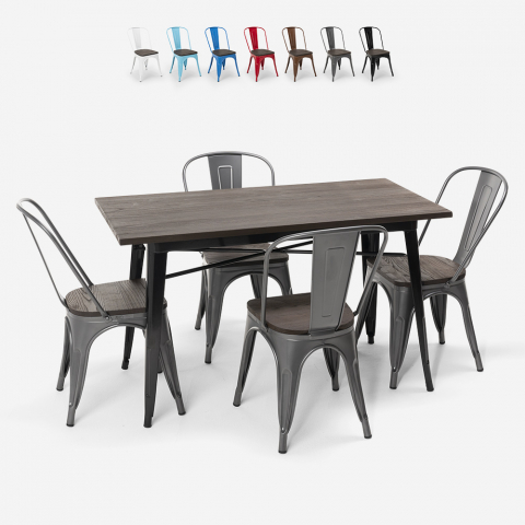 Ralph industriel træ stål sæt: 120x60cm spisebord og 4 farverige stole