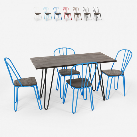 Magis industriel træ stål sæt: 120x60cm spisebord og 4 farverige stole