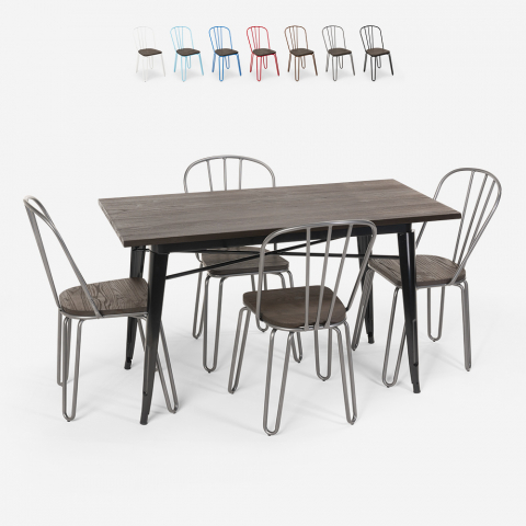 Otis industriel træ stål sæt: 120x60cm spisebord og 4 farverige stole Kampagne