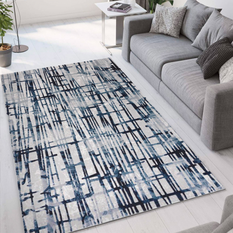 Double CEL001 rektangulær blå grå tæppe til under spisebordet og sofa