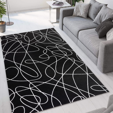 Milano NER001 rektangulær sort hvid tæppe til under spisebordet og sofa Kampagne