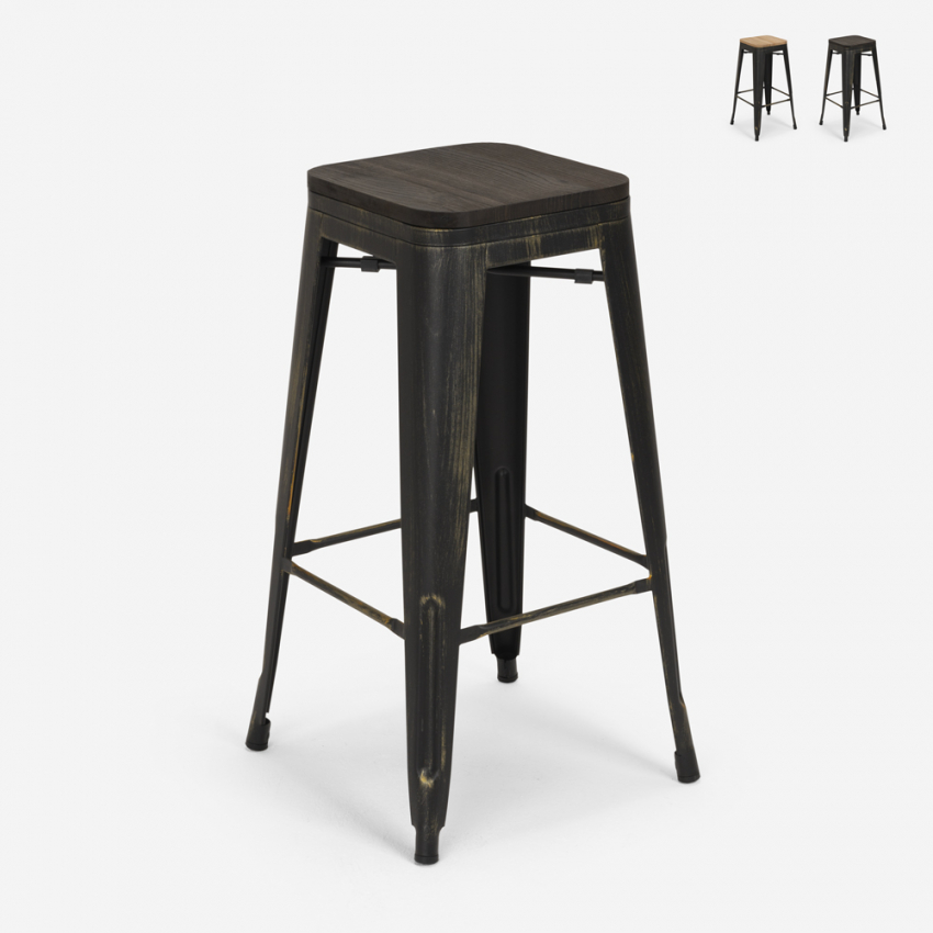 Brush Up barstol industriel stil med fodstøtte af stål med træsæde Kampagne