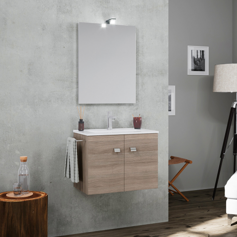 Vanern Oak vægthængt badeværelsesmøbel med skab keramisk vask lys spejl