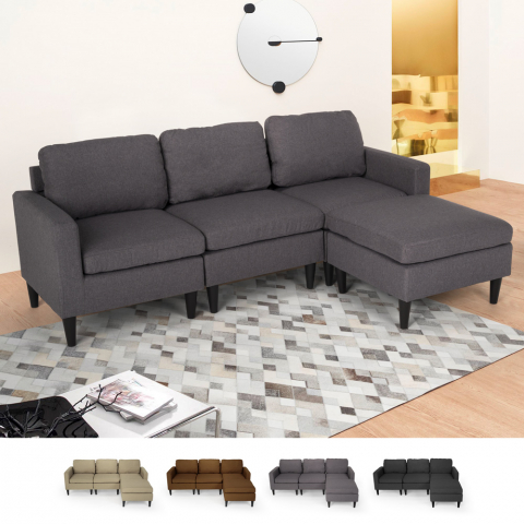 Steffy moderne 3 personers sofa med chaiselong puf i grå stofbetræk