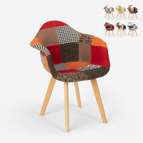 Herion nordisk design lænestol i farverig patchwork stofbetræk træben
