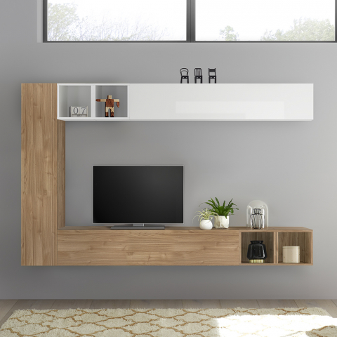 Infinity 104 hvid og lys træ vægophængte modulær tv bord skabs system