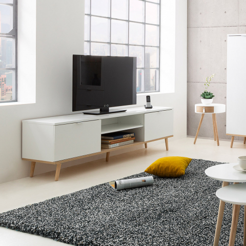 Ekraan hvid tv bord i skandinavisk design med 2 låger og en central hylde