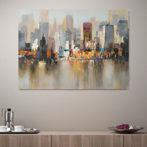 Reflected City maleri på lærred 120x90 cm med træramme bybillede motiv