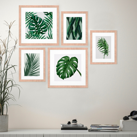Frame Jungle sæt med 5 prints plakater med træ ramme 18x23 og 27x27 cm