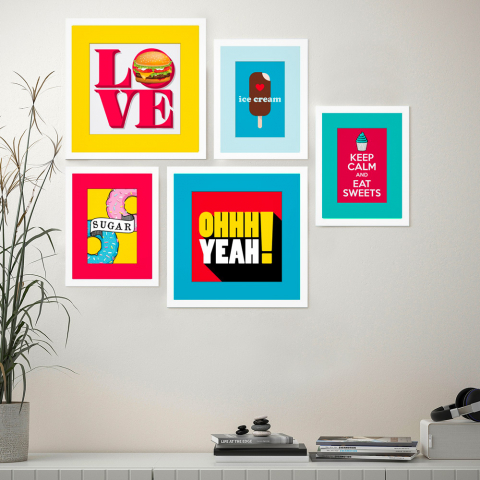 Frame Pop Art sæt med 5 prints plakater med træramme 18x23 og 27x27 cm Kampagne