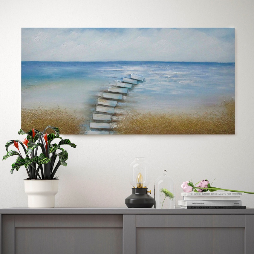 Spiaggia maleri på lærred 110x50 cm med træramme og ophæng strand motiv Kampagne