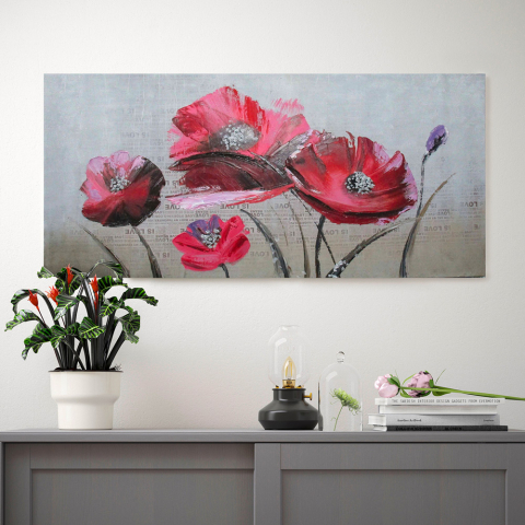 Papaveri maleri på lærred 110x50 cm med træramme og ophæng blomster motiv