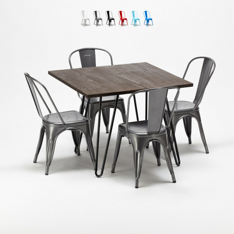 Pigalle sæt med kvadratisk træ bord 80x80cm og 4 stole i stål industriel Kampagne
