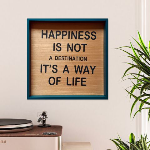 Happiness indrammet 40x40 cm tryk på træ billede med citat om livet motiv Kampagne