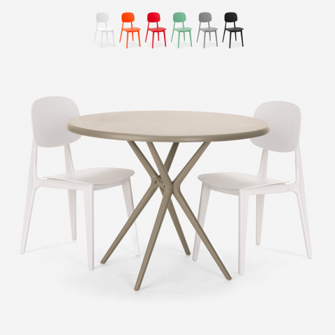 Berel bordsæt loungesæt med 80cm rundt beige bord og 2 udendørs stole