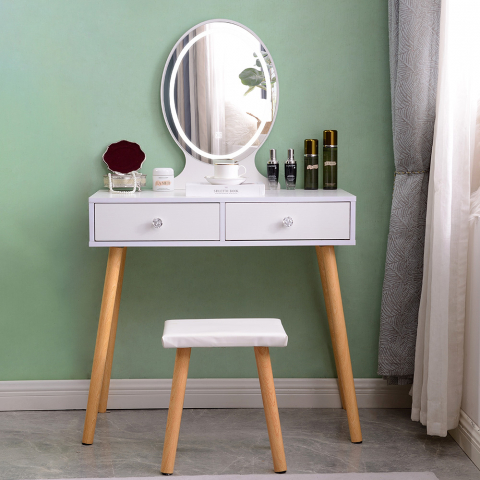 Serena moderne sminkebord makeup bord med 2 skuffer spejl og skammel Kampagne