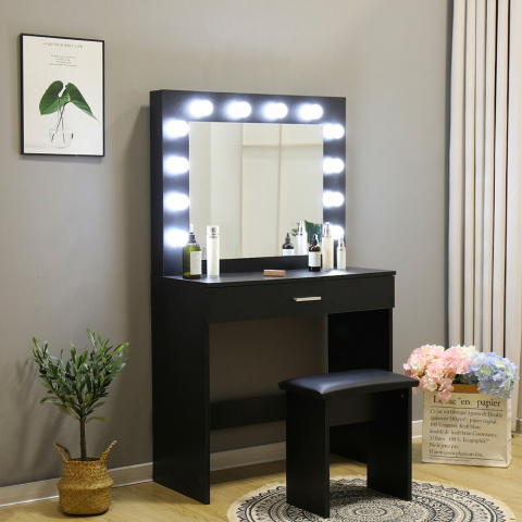 Gaia Black sminkebord makeup bord med skuffe spejl 12 LED lys skammel Kampagne