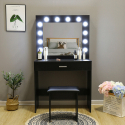 Gaia Black sminkebord makeup bord med skuffe spejl 12 LED lys skammel Udsalg