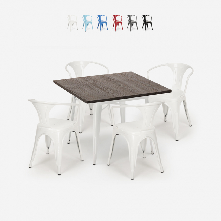 Hustle White cafebord sæt: 4 industrielt farvet stole og 80x80 cm bord Tilbud Hustle White cafebord sæt: 4 industrielt farvet stole og 80x80 cm bord Tilbud
