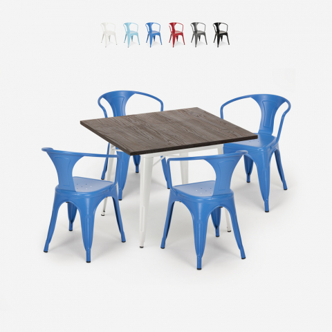Hustle White cafebord sæt: 4 industrielt farvet stole og 80x80 cm bord