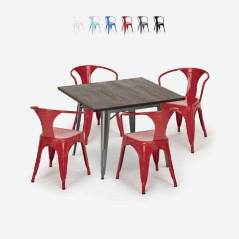 Hustle Træ cafebord sæt: 4 industirelle farvet stole og 80x80 cm bord Kampagne