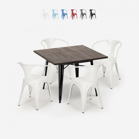 Hustle Black cafebord sæt: 4 industrielt farvet stole og 80x80 cm bord