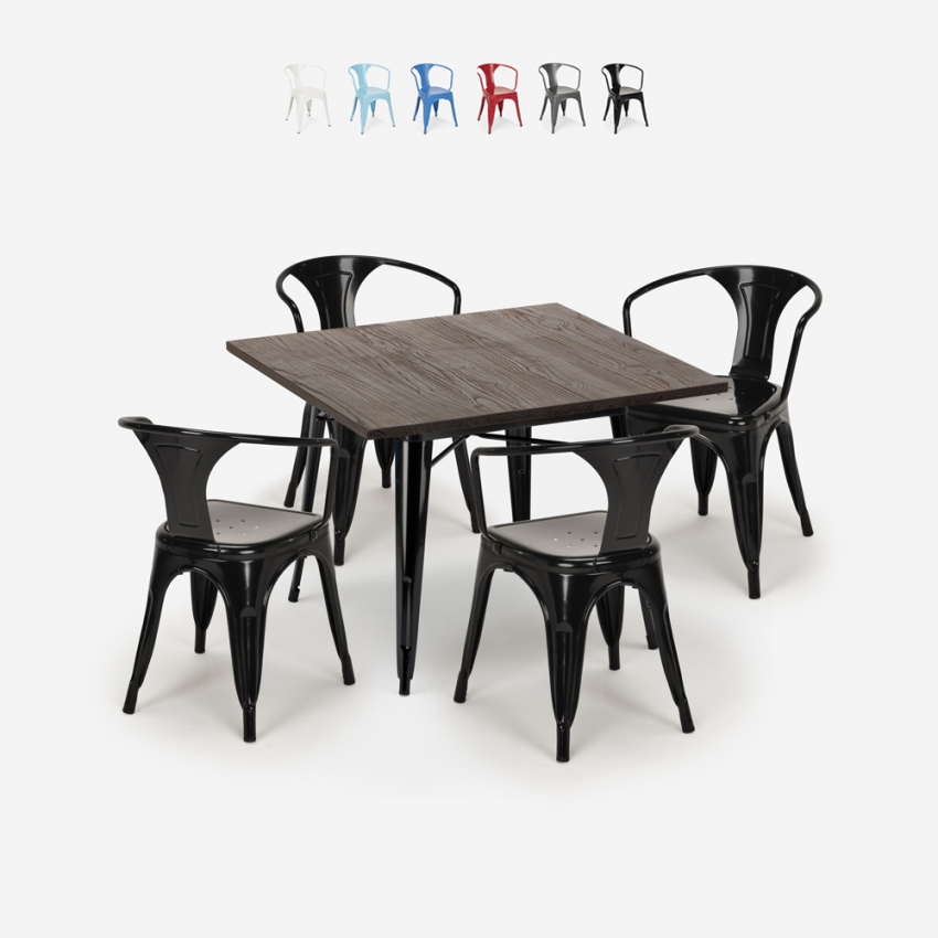 Hustle Black cafebord sæt: 4 industrielt farvet stole og 80x80 cm bord Rabatter