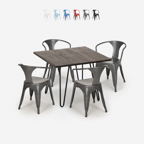Reims Dark cafebord sæt: 4 industrielt farvet stole og 80x80 cm bord Kampagne