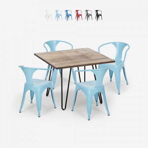Reims cafebord sæt: 4 industrielt farvet stole og 80x80 cm træ bord