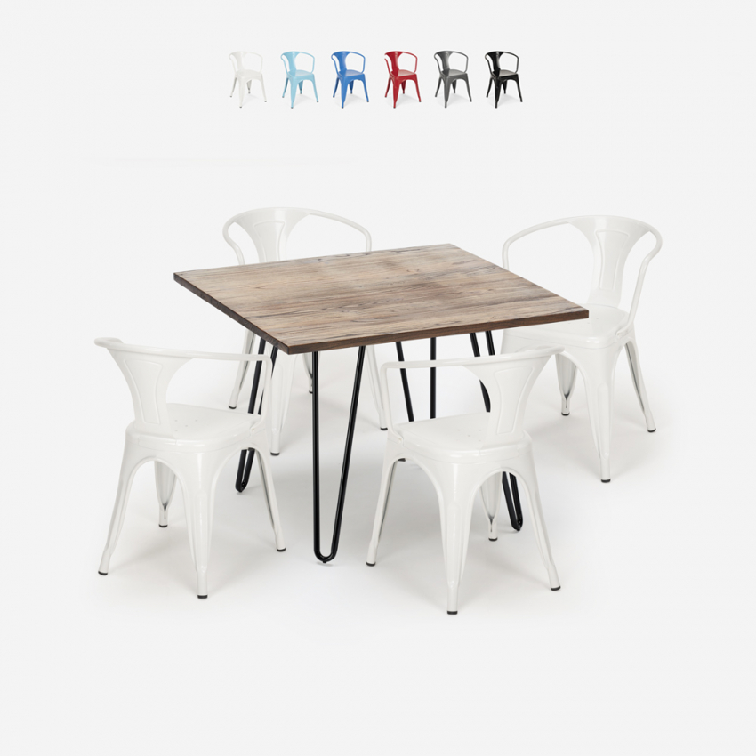 Reims cafebord sæt: 4 industrielt farvet stole og 80x80 cm træ bord På Tilbud Reims cafebord sæt: 4 industrielt farvet stole og 80x80 cm træ bord På Tilbud