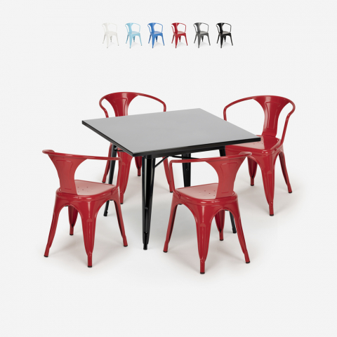 Century Black cafebord sæt: 4 industrielt farvet stole og 80x80cm bord Kampagne