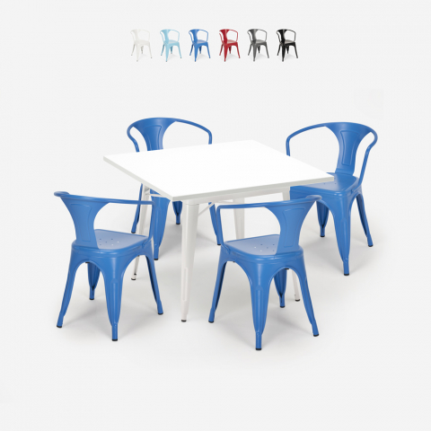 Century White cafebord sæt: 4 industrielt farvet stole og 80x80cm bord Kampagne