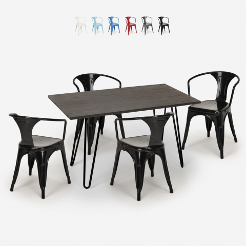 Wismar spisebords sæt: 4 industrielt farvet stole og 120x60 cm bord