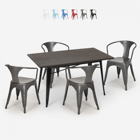 Caster spisebords sæt: 4 industrielt farvet stole og 120x60 cm bord
