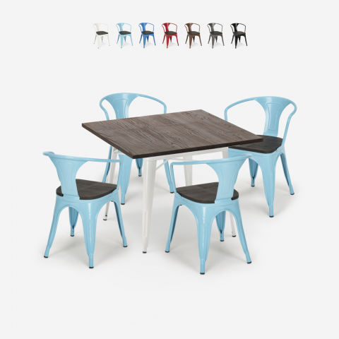 Hustle Wood White cafebord sæt: 4 industrielle stole og 80x80 cm bord