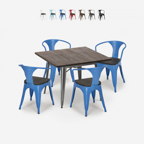 Hustle Wood cafebord sæt: 4 industrielt farvet stole og 80x80 cm bord