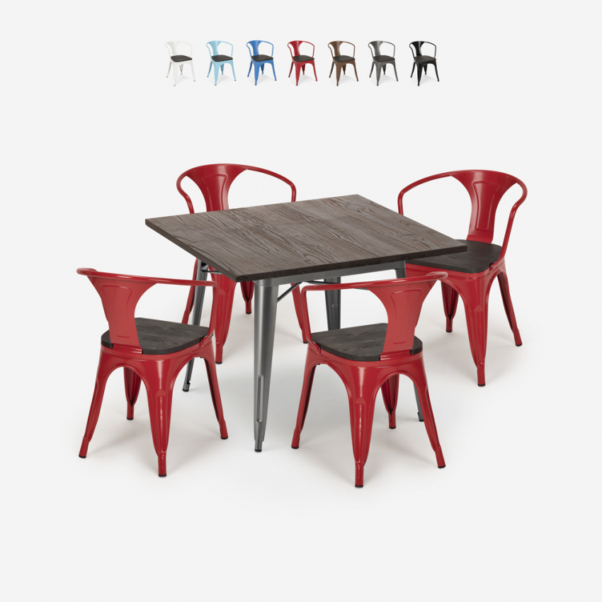 Hustle Wood cafebord sæt: 4 industrielt farvet stole 80x80 cm bord